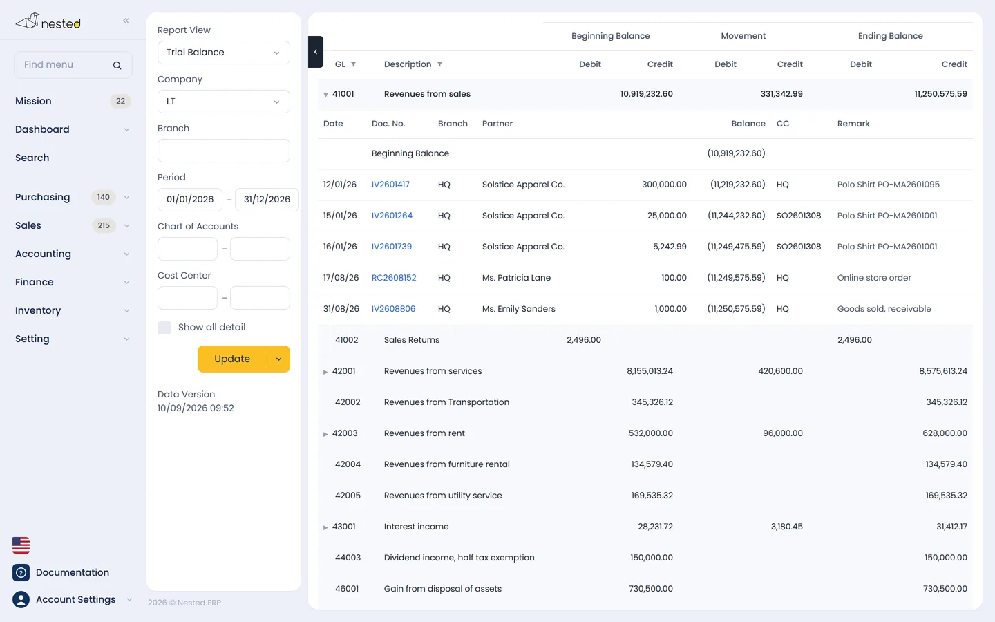 หน้าจองบทดลองใน Nested แสดงยอดเดบิต เครดิต และยอดคงเหลือรายบัญชี