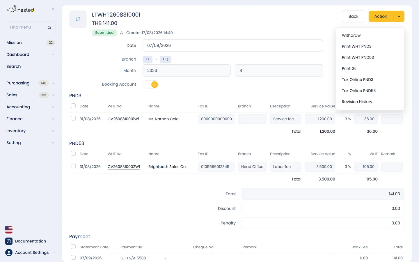 หน้าจอภาษีหัก ณ ที่จ่ายใน Nested แสดงรายละเอียดสำหรับออกหนังสือรับรอง 50 ทวิ